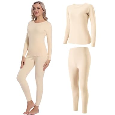 INNERSY sous-vêtements Thermiques Femme Chaud sous Pull Manches Longues Ensemble Thermique Hiver (Beige, M)