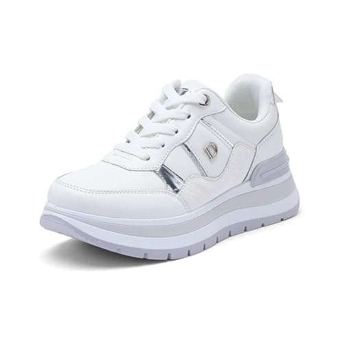 JOMIX Baskets Femmes Compenseé avec Lacets Chaussure de Marche Baskets Gymnasium Tennis Sneakers pour Femme (Blanc, 37)