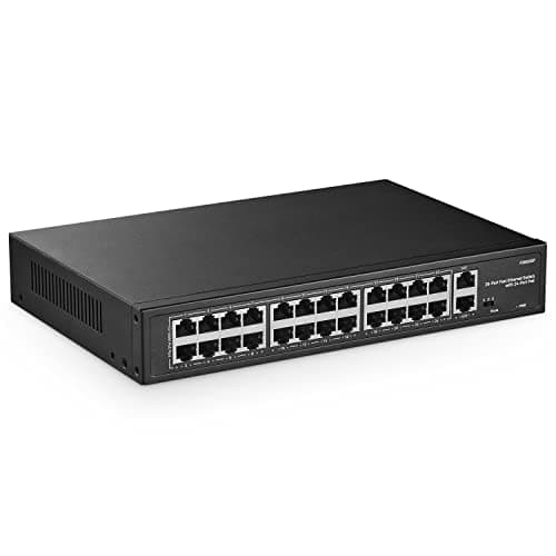 YuLinca 24 Port PoE Switch, 10/100Mbps PoE+ Ports, 2 Gigabit Ethernet Uplink, IEEE802.3af/at, Max 300W, VLAN & PoE Extend 250m, RackMount Fanless Unmanaged Ethernet Switch