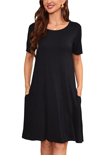VOGMATE Robe D'été Femme Courte Chic et Elegant Casual T-Shirt Dress Robe Manche Courte Plage Robe Fluide Noir XL