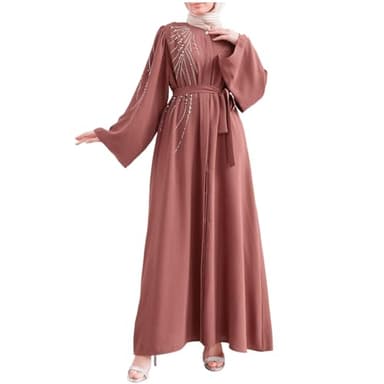 Caftan Femme Marocaine Grande Taille,Robe Priere Musulmane Femme À Manches Longues Vêtements Ethnique Islamique Grande Taille Décontractée Couleur Unie avec Ceinture pour Le Ramadan
