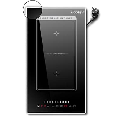 Plaque à Induction 2 Feux, Cooksir Plaque Cuisson Induction 29cm Encastrable avec Prise, Plug and Play, Plaque électrique Deux Feux avec Cadre, 3500W, Zone Flexible pour le Gril, Bord Inox
