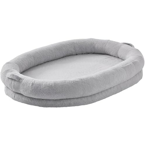 VEVOR Lit de Chien pour Humains et Animaux de Compagnie, 1825x1220x254 mm, Grand Panier pour Chien de Taille Humaine, Housse Fausse Fourrure Lapin, Mousse à Alvéole, Poche de Rangement, Gris Clair