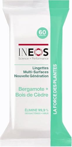 INEOS Lingettes Multi-Surfaces, Compostables, Efficace Contre La Graisse Et Le Calcaire, Elimine 99.9% Des Virus Et Des Bactéries, Parfum Bergamote et Bois De Cedre, 60 Lingettes