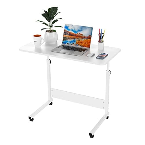 PIPIPOXER 80x40cm Table Roulante pour Lit Canapé, Table d'Appoint Bureau Mobile Réglable en Hauteur 62-90cm, Bureau Informatique 4 Roulante Verrouillable, Table d'Appoint pour Chambre, Blanc