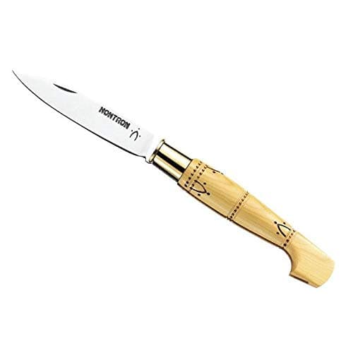 Nontron 87203 Couteau, lame acier inox T12, virole fixe métal, manche sabot 10,5 cm buis pyrogravé.