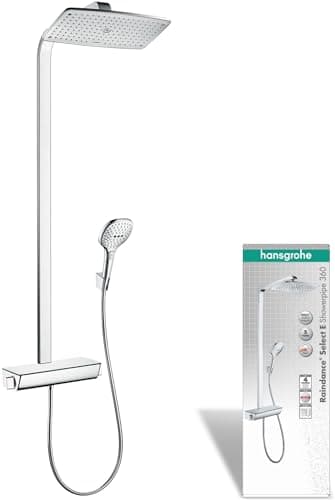 hansgrohe Raindance E - Colonne de douche avec mitigeur thermostatique, douche pluie (360 x 190mm) avec robinet, douchette, support, flexible de douche, barre et douche de tête carrée, Chromé,27112000