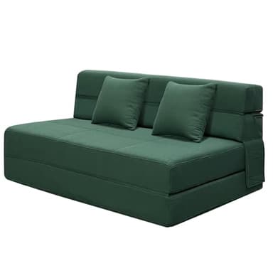ANONER Canapé Convertible 2 Places 203 × 152cm Canapé de Sol Convertible, Matelas Pliant Sofa en Mousse à Mémoire de Forme & 2 Oreiller, Canapé Convertible Pliable Chambre Salon, Vert Foncé