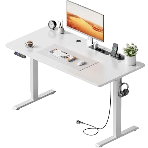 HLFURNIEU Bureau Assis Debout Electrique, 120 x 60 cm, Table Reglable Hauteur, avec Prise Intégrée, Port USB, 3 Positions Mémorisables, Blanc