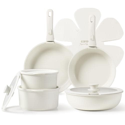 CAROTE Lot de 15 Poêles Antiadhésives Blanc – Poêles, Sauteuses, Couvercles, Poignées Amovibles, Induction, Four Compatible, Compact et Empilable, Sans PFOA