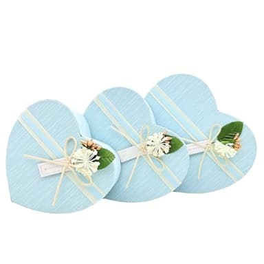 Set de 3 Boîtes Cœur Bleues - Boîtes en Forme de Cœur en Carton avec Nœud en Ruban d'Organza - Boîtes Cadeaux Vides avec Couvercle pour Noël, Saint-Valentin, Amour, Design Élégant