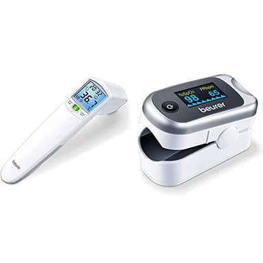 Beurer FT 100 Thermomètre sans Contact & Oxymètre de pouls PO 40, mesure de la saturation en oxygène (SpO₂), de la fréquence cardiaque (pouls) et de l'indice de perfusion (PI), application indolore