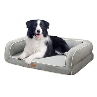 EMME Lit orthopédique pour chien de taille moyenne, 91 x 71 x 23 cm, canapé orthopédique, en mousse à mémoire de forme, imperméable, panier pour grand chien, lavable, avec bordure, gris clair