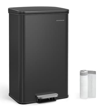 SONGMICS Poubelle de Cuisine 40L, Grand, Corbeille à Déchets à Pédale avec Couvercle, en Acier, Fermeture en Douceur, 15 Sacs Poubelle Inclus, Noir LTB540B4002