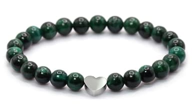 Bracelet en émeraude véritable pierre précieuse avec perles rondes de 6mm et cœur en acier inoxydable - différentes longueurs - bracelet en pierres précieuses porte-bonheur talisman cadeau
