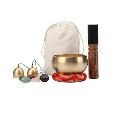 Bol chantant tibétain, bol sonore accordé à la main avec 7 pierres chakras, 2 cloches et sacs de transport, outil de méditation portable, cadeau spirituel pour yoga et relaxation