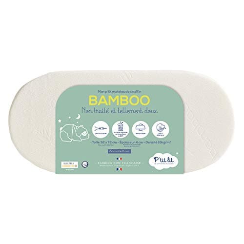 P'tit Lit - Matelas de Couffin Bamboo - 72x32 cm - Viscose Douce et Soyeuse pour Bébé - Idéal Landau Nacelle et Berceau - Forme Ovale - Réversible - Déhoussable - Fabrication Française