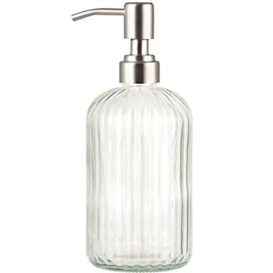 Plomkeest Distributeur de savon en verre transparent de 414 ml avec pompe en acier inoxydable antirouille pour salle de bain, cuisine, décoration, idéal pour les lotions, savons liquides. Motif de