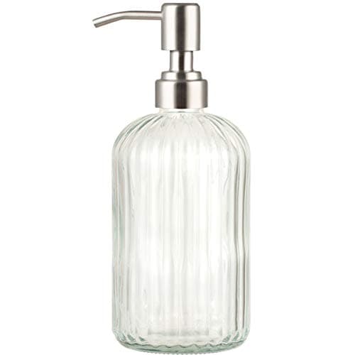 Plomkeest Distributeur de savon en verre transparent de 414 ml avec pompe en acier inoxydable antirouille pour salle de bain, cuisine, décoration, idéal pour les lotions, savons liquides. Motif de