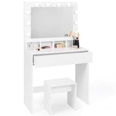 IDMarket - Coiffeuse Zelia Miroir LED avec 4 niches, 1 tiroir et Tabouret
