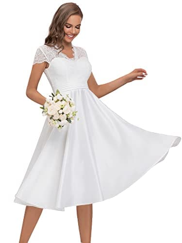 Ever-Pretty A-Line Robe de Soirée Longue Femme en Dentelle Col en V à Mancherons Taille Empire Simple Blanc 38