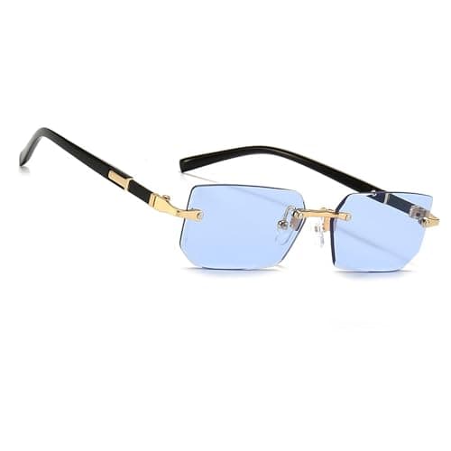 MEGAVOW Rectangle Lunettes de Soleil sans Cadre Carrées, Coupe Diamant Lentille, Style Rétro Vintage pour Plage, Voyage, Fête, Lunette à Monture Ultra-petite pour Femmes Hommes