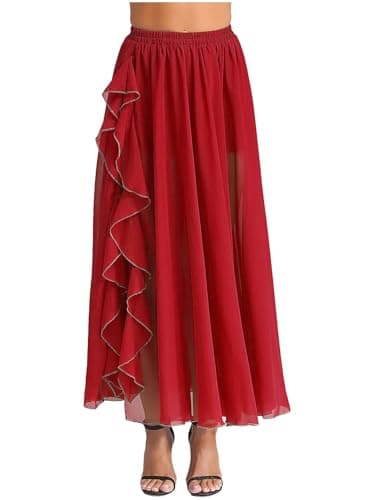 IEFIEL Jupe Danse Orientale Femme Jupe Danse du Ventre en Mousseline Longue Jupe Fente latérale Concours Danse Flamenco Cha-cha Carnaval Performance Rouge Taille Unique