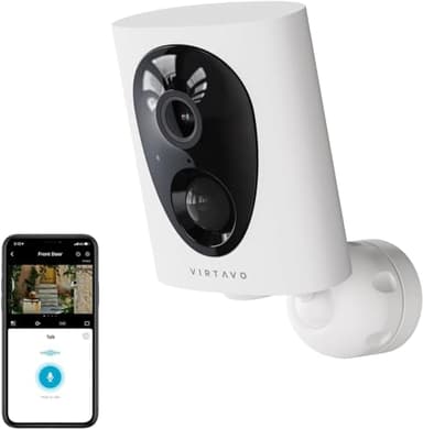 virtavo Caméra Surveillance WiFi Extérieure sans Fil, 2K Caméra Extérieure, Batterie Rechargeable, Détecteur de Mouvement PIR, Alarme et Caméra Maison, Vision Nocturne Couleur, Étanche