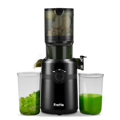 Extracteur de jus, Fretta Extracteur de jus de fruits et légumes, Grand diamètre de 108 mm Slow Juicer, 1L Très grande capacité, Pression à Froid, Facile à nettoyer, Sans BPA (Noir, 1L)