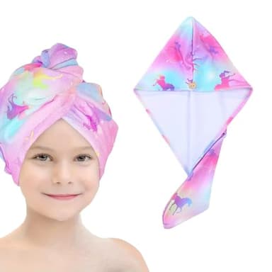 NHQZ Serviette Microfibre Cheveux Serviette Cheveux Séchage Rapide Super Absorbante avec Bouton de Design pour Femmes, licorne, 1 pièce
