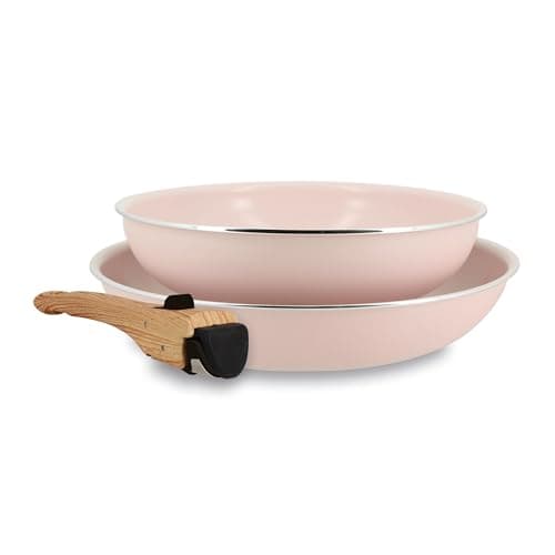 MENASTYL - Lot de 2 poêles amovibles revêtement antiadhésif céramique sans PFAS/PTFE - 2 poêles 22/26cm et 1 poignée - Tous feux dont induction – Alu recyclé Rose - 6020633