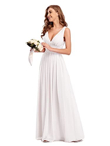 Ever-Pretty Robe de Soirée Longue Femme pour Mariage Décolleté en V en Mousseline de Soie Blanche 42