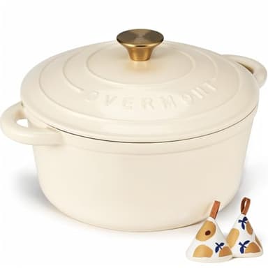 Overmont Cocotte en Fonte Émaillée - Ø26 cm Casserole Antiadhésive Avec Couvercle et Maniques en Coton - Batterie de Cuisine Robuste pour Braiser Ragoûts Rôtir Pain - Blanc crème