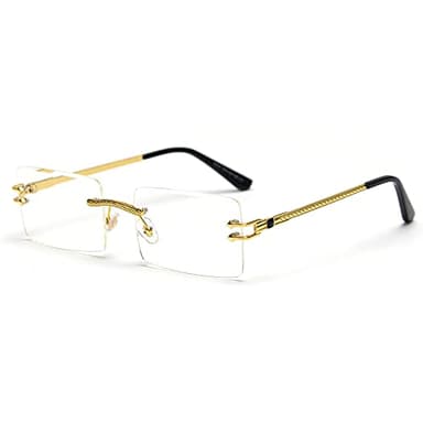 LIGOES Lunettes de soleil rectangulaires sans monture vert bleu miroir lunettes de soleil femmes Uv400 rétro hommes nuances teintées, Doré avec transparent