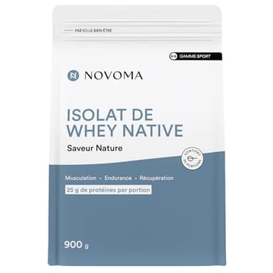 NOVOMA Whey Isolate Native, Protéine Pure Non Dénaturée, 25g de Protéines par Portion, Saveur Nature, Musculation et Récupération, 30 Portions, Sachet 900g, Fabriqué en France