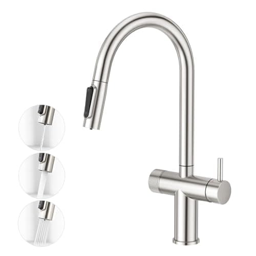 Faustina Robinet de Cuisine 3 Voies avec Douchette Extensible, 2 en 1 Mitigeur Monocommande Double Levier Robinet d'évier de Cuisine pour Systèmes Filtre à eau et d'Osmose en acier inoxydable brossé