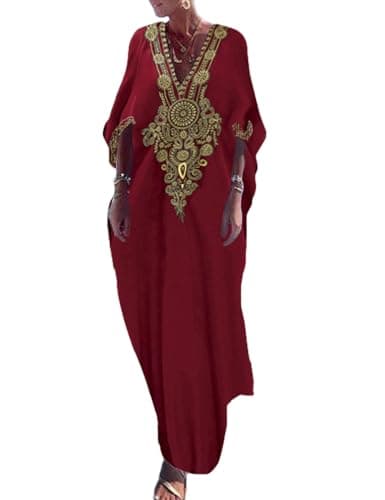 Bsubseach Broderie Or Robes Longues Kaftan Col V Robe Caftan Couverture de Plage Bikini Coverups pour Femme Marron