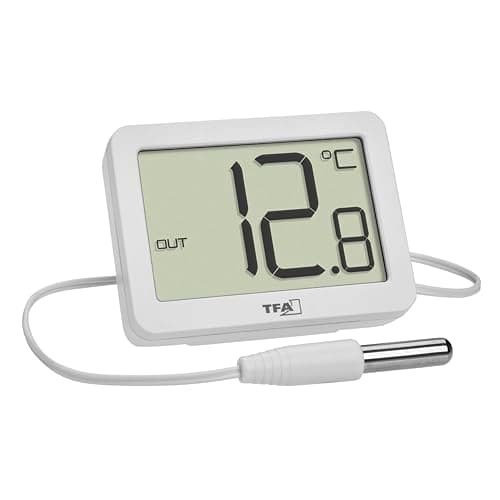 TFA Dostmann Mini-Thermomètre digital intérieur/extérieur, 30.1066.02, sonde de température étanche, valeurs maxi/mini, aimant/support, idéal pour aquarium/voitre/camping/réfrigérateur, blanc