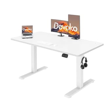 Devoko Bureau Assis Debout 120x60cm,Table Assis-Debout réglable en Hauteur,Bureau avec Crochet pour Sac à Dos et Panneau Intelligent à mémoire,à Domicile avec Panneau d'épissage,Blanc