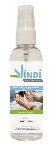 Vindi Désinfectant solution hydroalcoolique - Flacon spray de 100ml - Fabrication Française - 76% d'alcool - Désinfectant des mains et des surfaces - Virucide