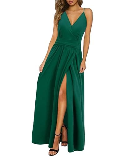 Newshows Femmes Eté Profond Décolleté en V Loisirs Robe Spaghetti Imprimé Fleur Split Maxi pour la fête de Plage (Vert,M)