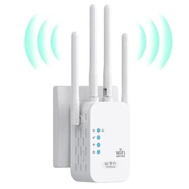 Repeteur WiFi Puissant, Amplificateur WiFi 1200Mbps Double Bande 5GHz/2.4GHz,2 Ports LAN, Répéteur WiFi 4 Antennes, WiFi Extender Compatible avec Toutes Les Box Internet