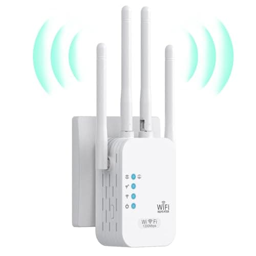 Repeteur WiFi Puissant, Amplificateur WiFi 1200Mbps Double Bande 5GHz/2.4GHz, Répéteur WiFi 4 Antennes, 2 Ports LAN, WiFi Extender Compatible avec Toutes Les Box Internet