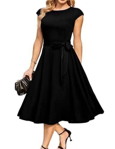 DRESSTELLS Robe Cocktail Mariage Vintage Robe Casual Femme Robe de Soiree Femme Robe baptême col Rond Manches Courtes Noir L