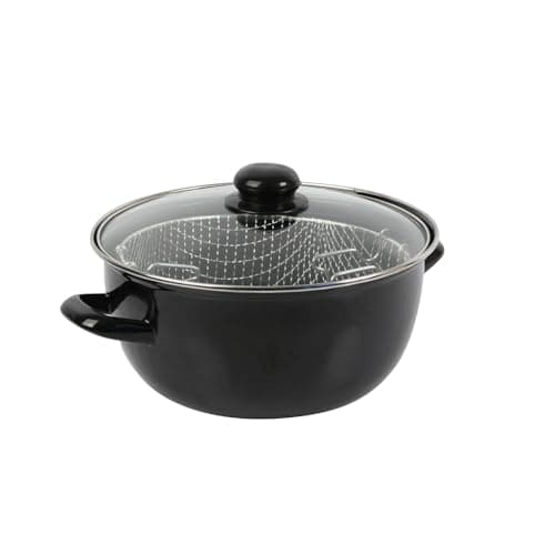 Crealys 545412 Friteuse traditionelle en Acier Emaillé Noir Ø20 cm - avec panier étamé + couvercle en verre - tous feux dont induction