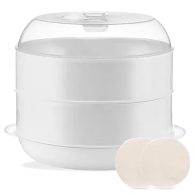 Cuiseur vapeur micro-ondes avec 2 récipients de cuisson : PRITOK 21,5 x 21,5 x 16 cm Cuiseur vapeur pour micro-ondes avec tamis, cuisson rapide, 4 l, blanc