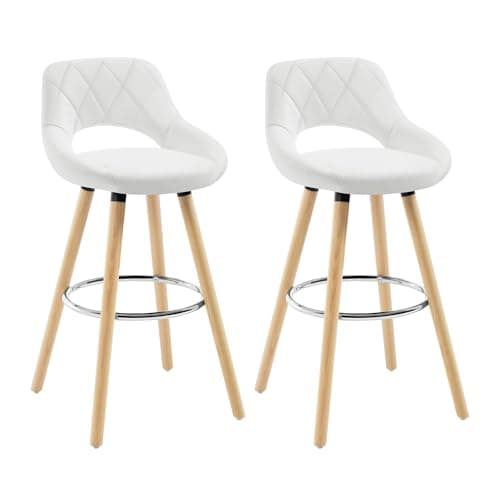 WOLTU Tabouret Bar, Lot de 2, Chaise Haute Bar, Tabouret Haut avec Dossier et Repose-Pieds, Cadre en Bois, Siège en Similicuir, Blanc, BH111ws-2