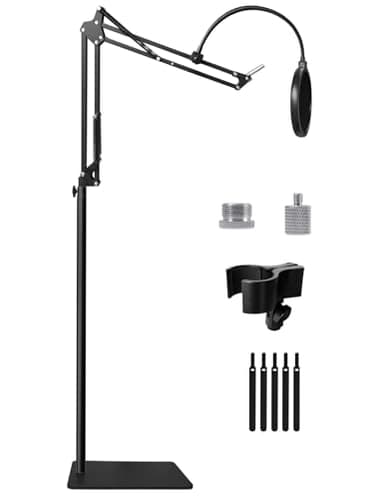 Bras Micro de Sol Pied et Support pour Blue Yeti, SM7B MV7, HyperX QuadCast, Elgato Wave, Fifine K658 et Plus Micro, Réglable Articulé Bras avec Vis 3/8" 5/8" 1/4", Filtre Anti-pop, Pince Micro