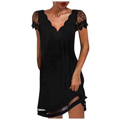 Ni_ka Robe Femme Sexy Dentelle Robes Col V Manches Courtes Dresses Chic Et Glamour Casual Dress Summer Noir M Ni_kadress44623