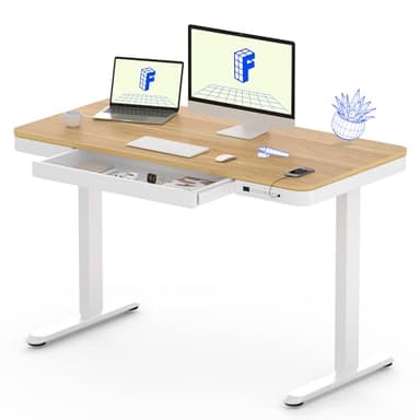 FLEXISPOT Bureau Assis Debout Électrique à Hauteur Réglable, Plateau 120x60cm et Cadre en Blanc Station de Travail avec Tiroir et Chargeurs USB (Érable)